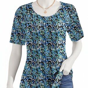 Fantaslook Blue Floral Pleated Short Sleeve Tunic Top XL
